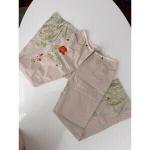 Low rise floral embroidered khaki flair pants